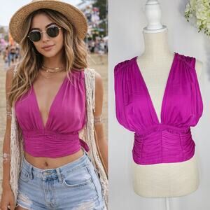 New Free People Crop Top Medium Satin Purple Ruched Tie Back Boho Y2K Festival